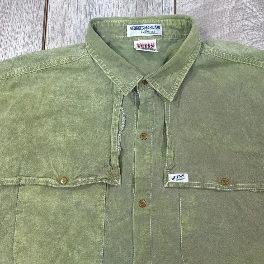 Guess Button Shirt Mens Size Large Olive Green Georges Marciano Vintage Utility - Picture 4 of 6